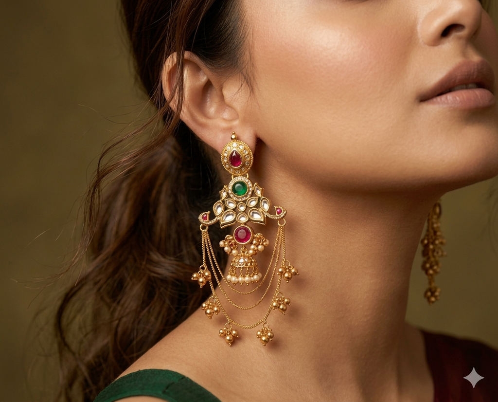 Traditional Gold-Plated Kundan Chandbali Earrings with Red & Green Stones, Pearl Jhumki and Layered Chain Dangler Earrings for Women & Girls