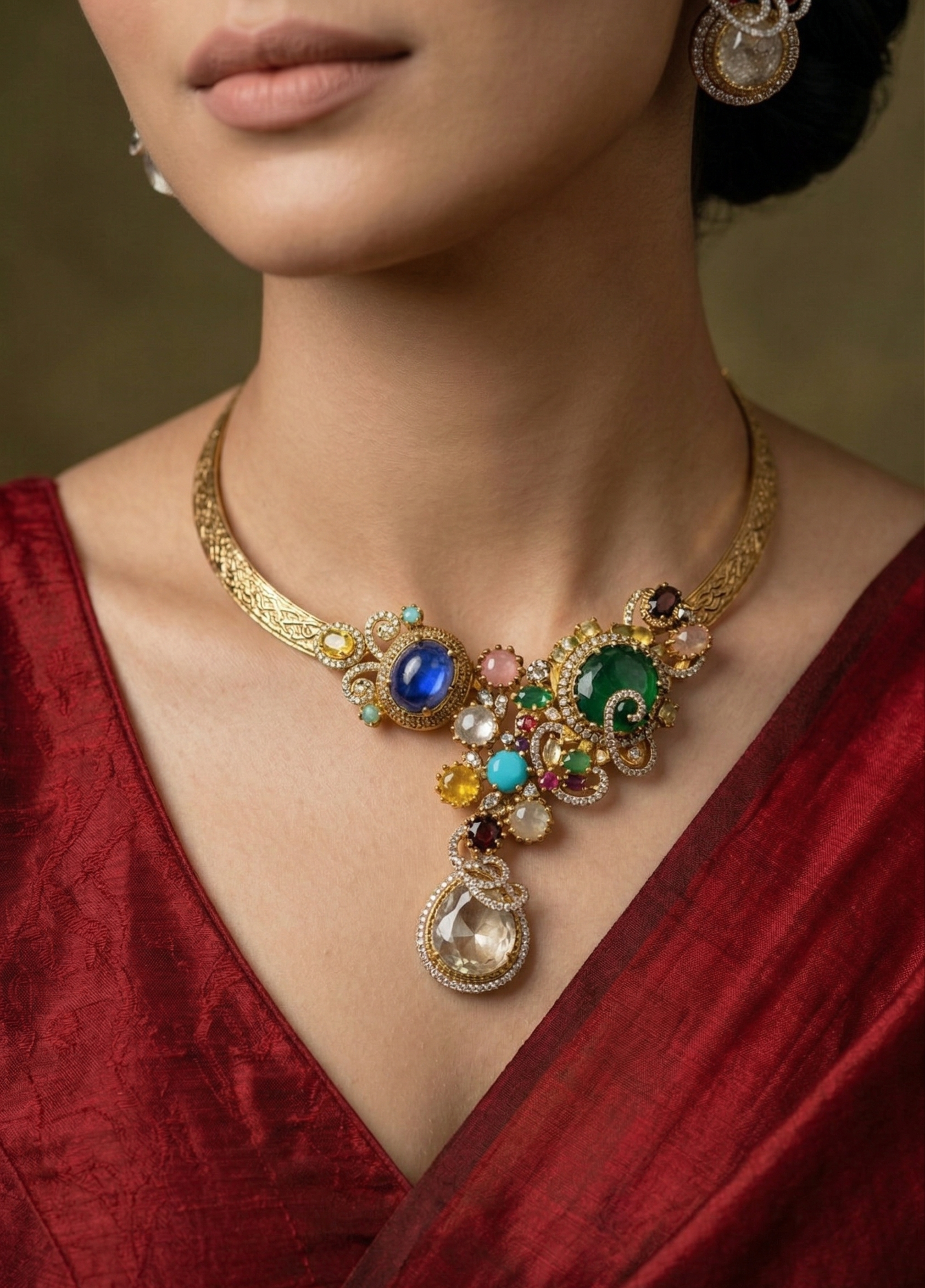 Vintage Multi-Color Stone Choker Necklace Set for Women | Gold-Tone Statement Necklace with Matching Earrings | Ethnic Party & Wedding Jewellery