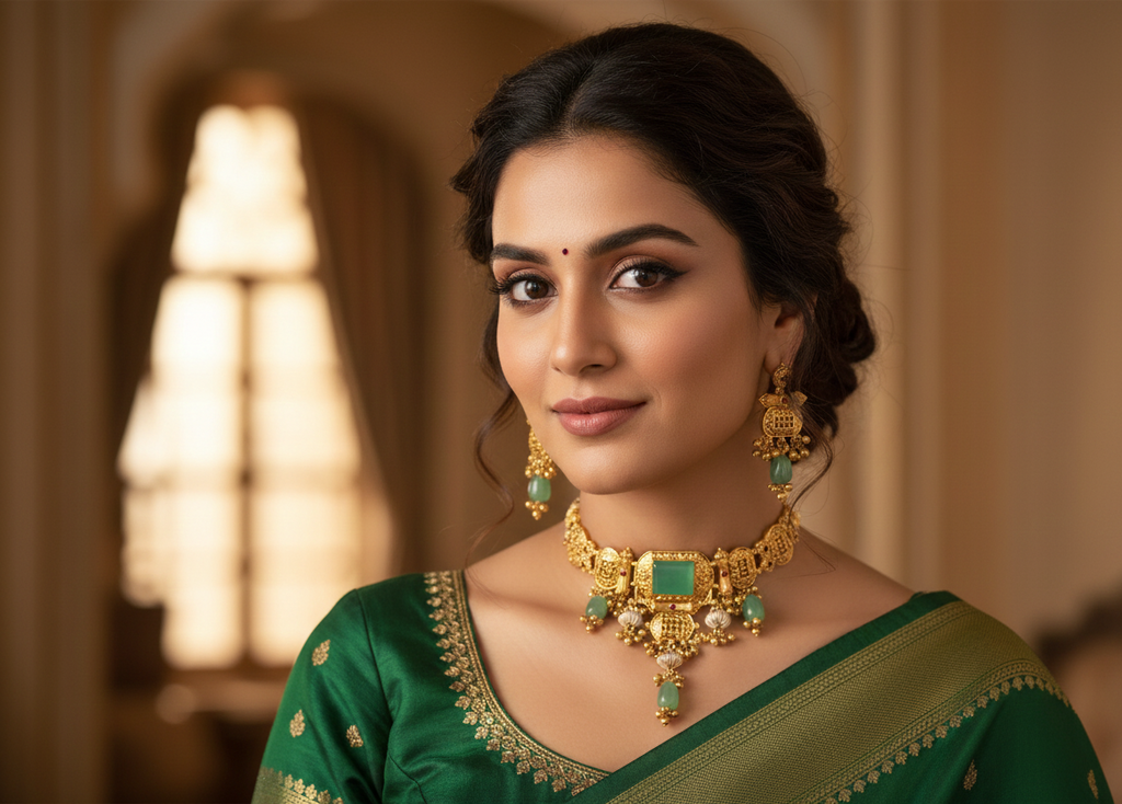 Traditional Gold-Tone Kundan Choker Necklace Set with Green Stone & Matching Earrings | Adjustable Thread Closure | Ethnic Indian Jewelry for Women