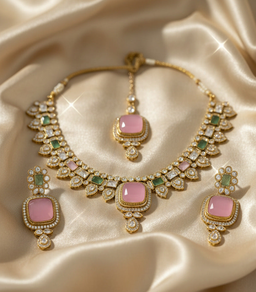 Kundan Necklace, Earrings & Maang Tikka Jewellery Set for Women | Gold-Tone with Pink & Green Stones