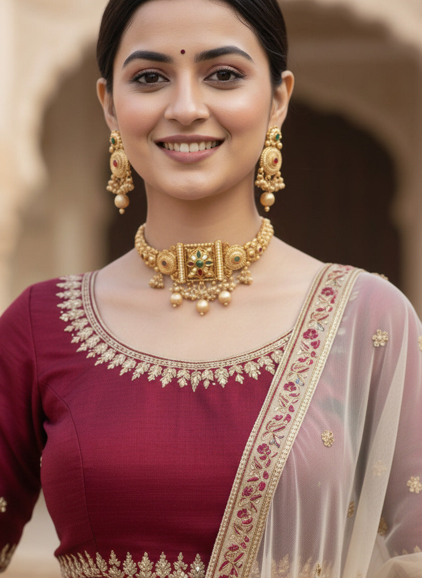 Traditional Gold-Plated Choker Necklace Set for Women with Earrings | Temple Jewellery Design | Bridal & Festive Wear Fashion Jewellery