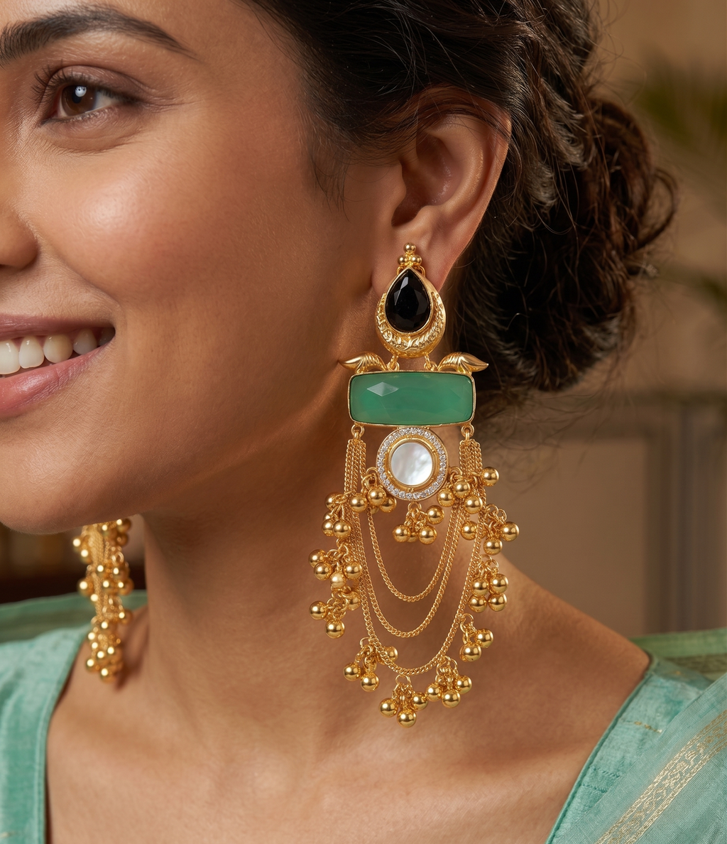 Elegant Gold-Plated Chandbali Tassel Earrings for Women | Green Stone & Black Teardrop Statement Earrings | Ethnic Party Wedding Jewelry