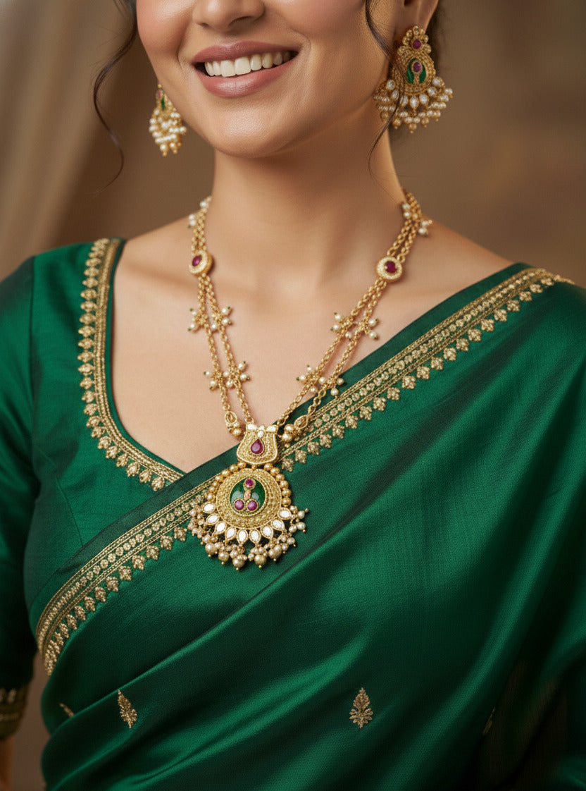 Traditional Gold-Plated Kundan Necklace Set for Women with Earrings | Handcrafted Enamel & Stone Work Bridal Jewellery | Festive & Wedding Wear