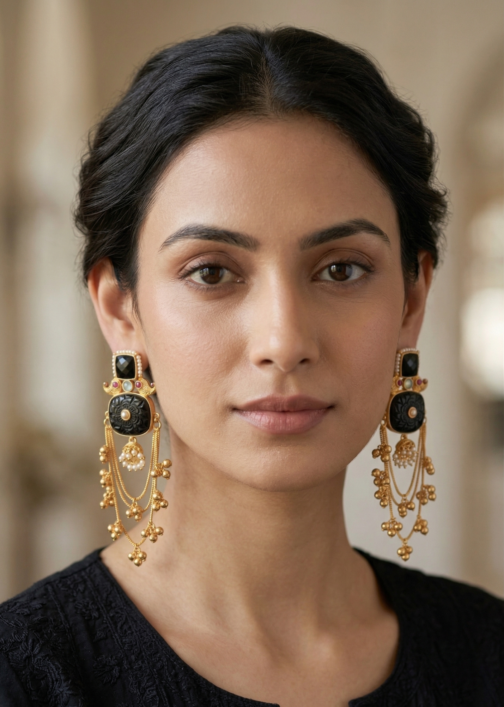 Gold Plated Black Stone Chandbali Earrings for Women | Traditional Ethnic Long Dangle Earrings with Beads | Wedding & Party Wear Jewellery