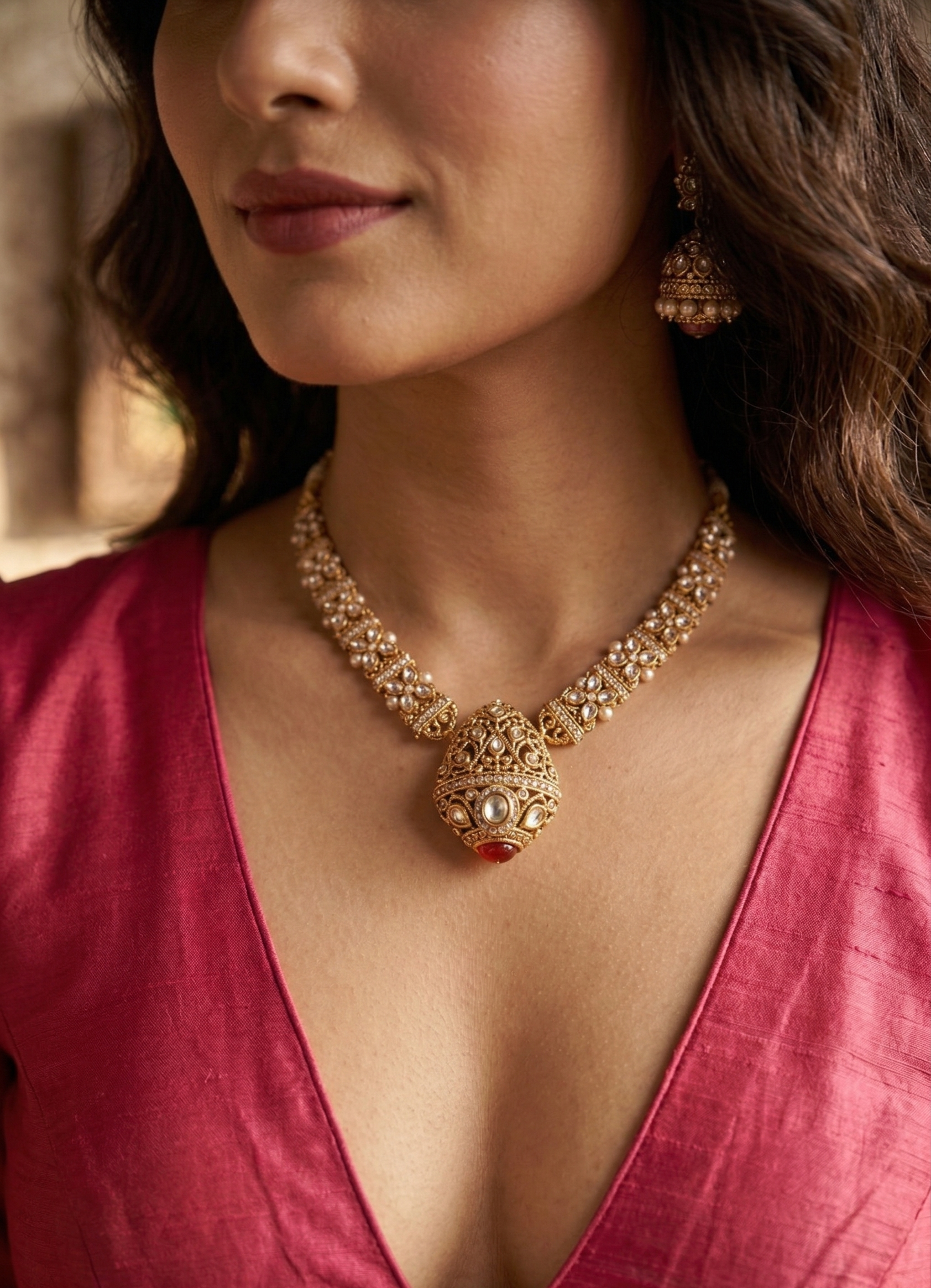 Pink Kundan Choker Necklace Set for Women with Earrings | Traditional Bridal Jewelry | Gold Plated Ethnic Wedding Set