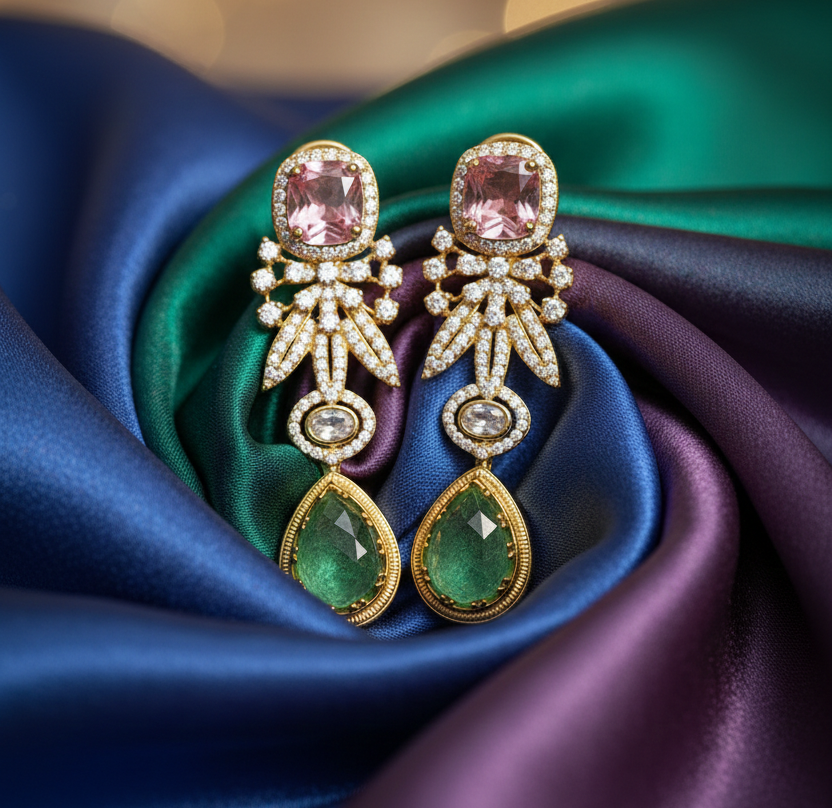 Gold-Plated Designer Drop Earrings with Pink & Green Stones | Ethnic Party & Wedding Wear Jewellery for Women