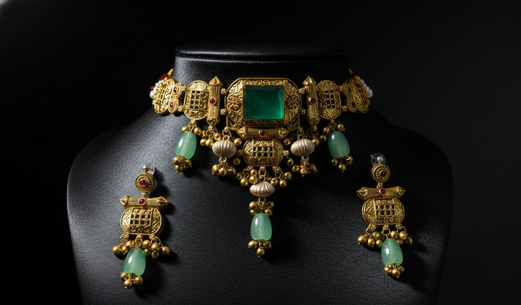 Traditional Gold-Tone Kundan Choker Necklace Set with Green Stone & Matching Earrings | Adjustable Thread Closure | Ethnic Indian Jewelry for Women