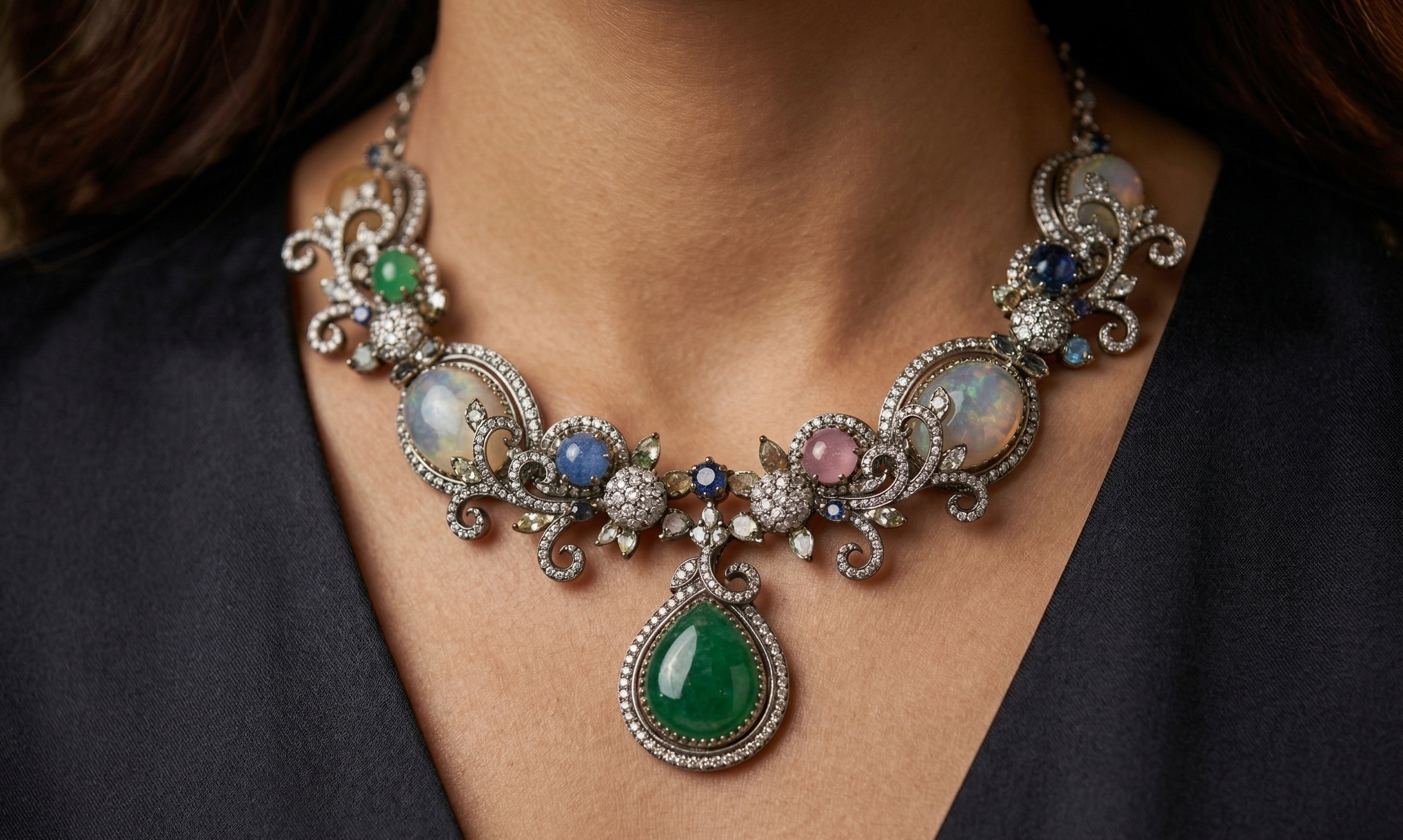 Vintage Multicolor Stone Necklace Set for Women with Earrings | Statement Green Pendant Jewellery Set | Party, Wedding & Festive Wear