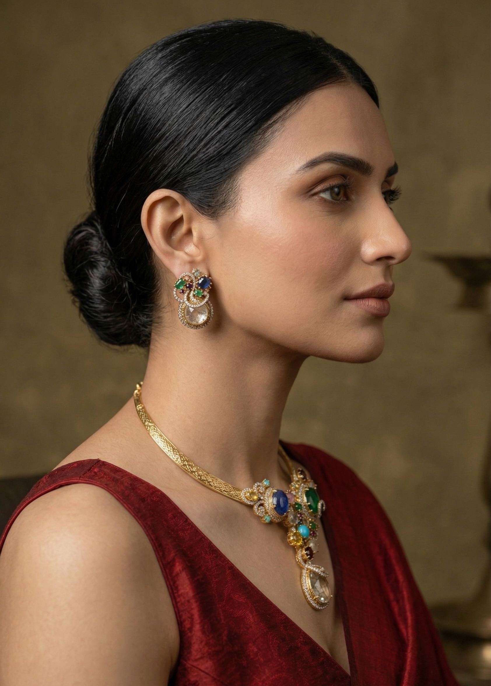 Vintage Multi-Color Stone Choker Necklace Set for Women | Gold-Tone Statement Necklace with Matching Earrings | Ethnic Party & Wedding Jewellery