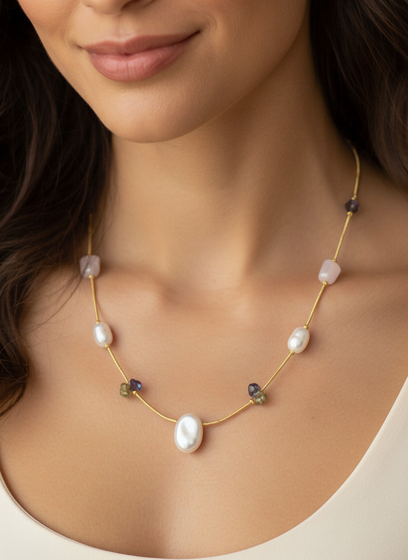 Necklace and Earrings Set for Women with Pearls & Multi-Color Stones