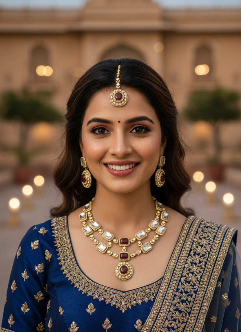 Traditional Kundan Gold-Plated Jewellery Set for Women – Necklace, Earrings & Maang Tikka with Ruby Red Stones | Bridal Wedding Jewellery Set | Ethnic Indian Jewelry