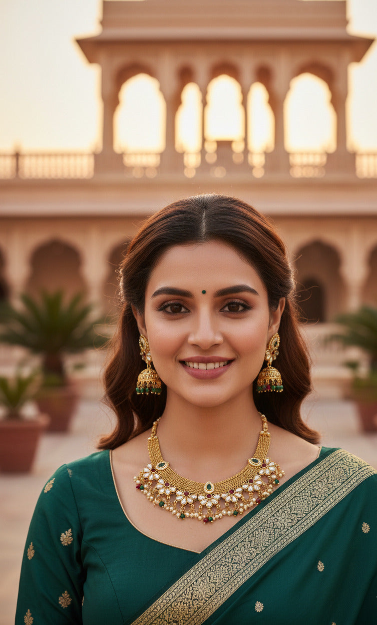 Traditional Gold-Plated Kundan Necklace Set for Women | Bridal Wedding Jewelry Set with Earrings | Pearl & Bead Embellished Choker Necklace
