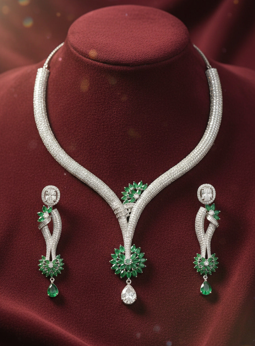 Luxury Silver-Plated Necklace & Earring Set for Women with Emerald Green Stones & Cubic Zirconia – Bridal, Party & Festive Jewelry Set