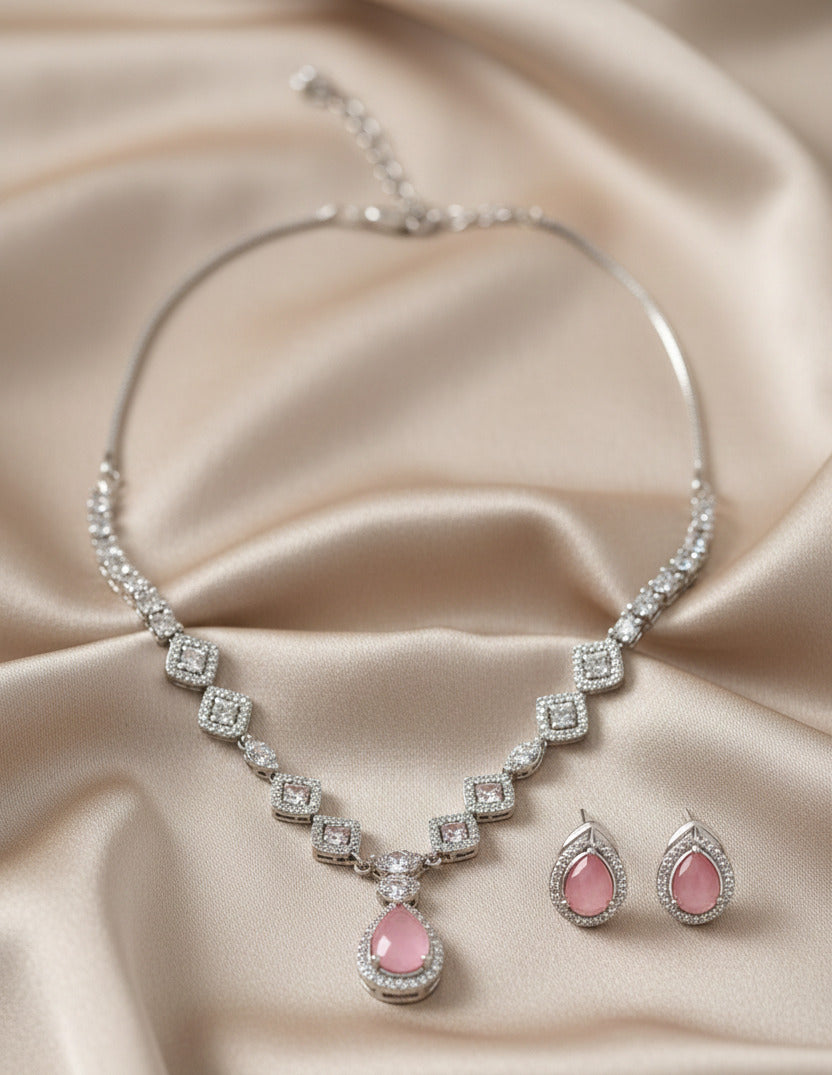 Elegant Silver-Plated Necklace & Earring Set with Pink Teardrop Stones for Women – Bridal, Party & Festive Jewellery Set