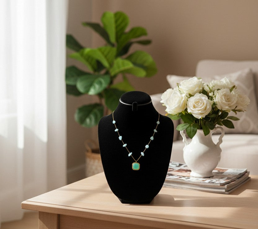 Veltreo International Handmade Aquamarine Gemstone Necklace with Gold-Plated Chain and Blue Pendant