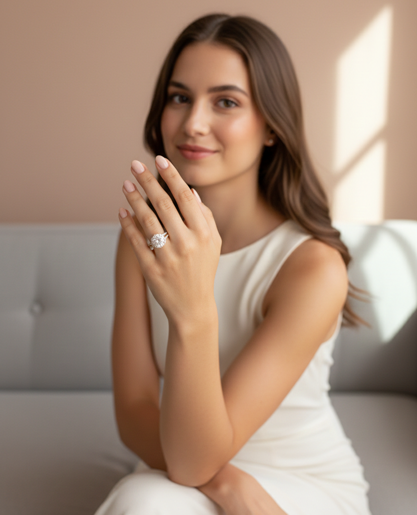 Luxury Adjustable Halo Diamond Ring for Women | Silver-Tone Statement Engagement Ring | Round Brilliant Cut Center Stone | Wedding, Party & Anniversary Jewelry Gift