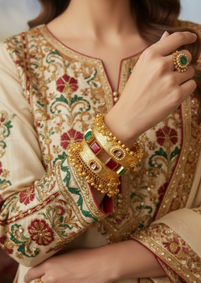 Traditional Gold-Tone Kundan Style Cuff Bracelet with Ghungroo Beads – Ethnic Bridal & Festive Jewelry for Women