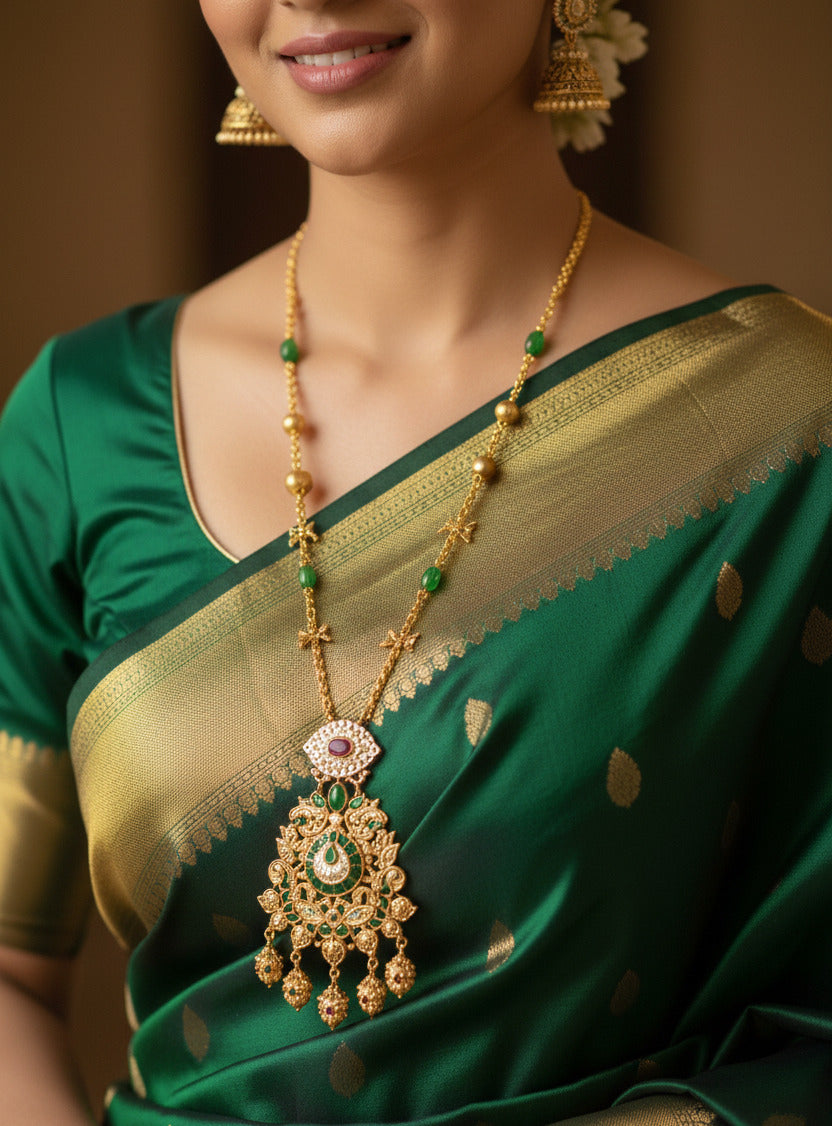 Gold-Tone Necklace and Earring Set for Women | Kundan & Enamel Jewellery with Green Beads | Bridal & Festive Wear Ethnic Jewellery Set