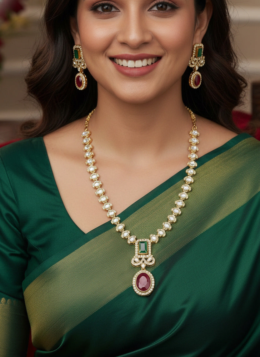 Traditional Gold-Plated Necklace Set with Green & Red Stones | American Diamond Jewellery Set for Women | Necklace with Matching Earrings