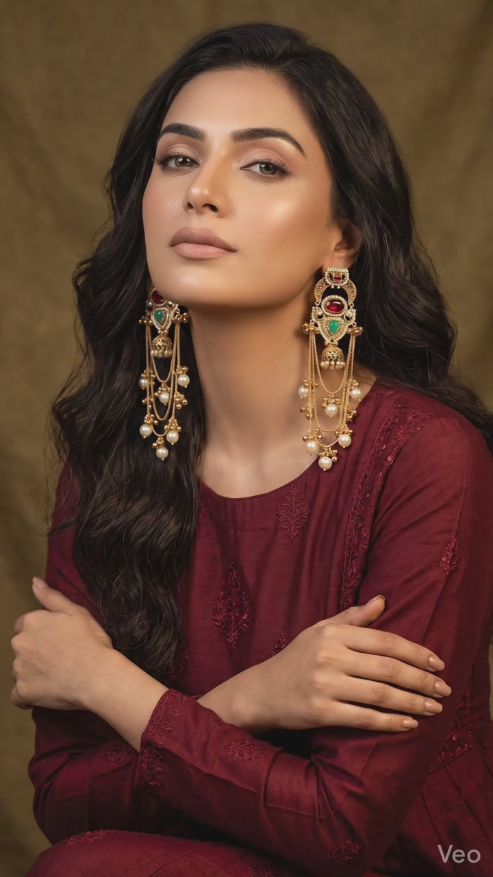 Traditional Gold-Plated Kundan Pearl Long Chandbali Kashmiri Earrings for Women | Bridal Ethnic Partywear Statement Earrings