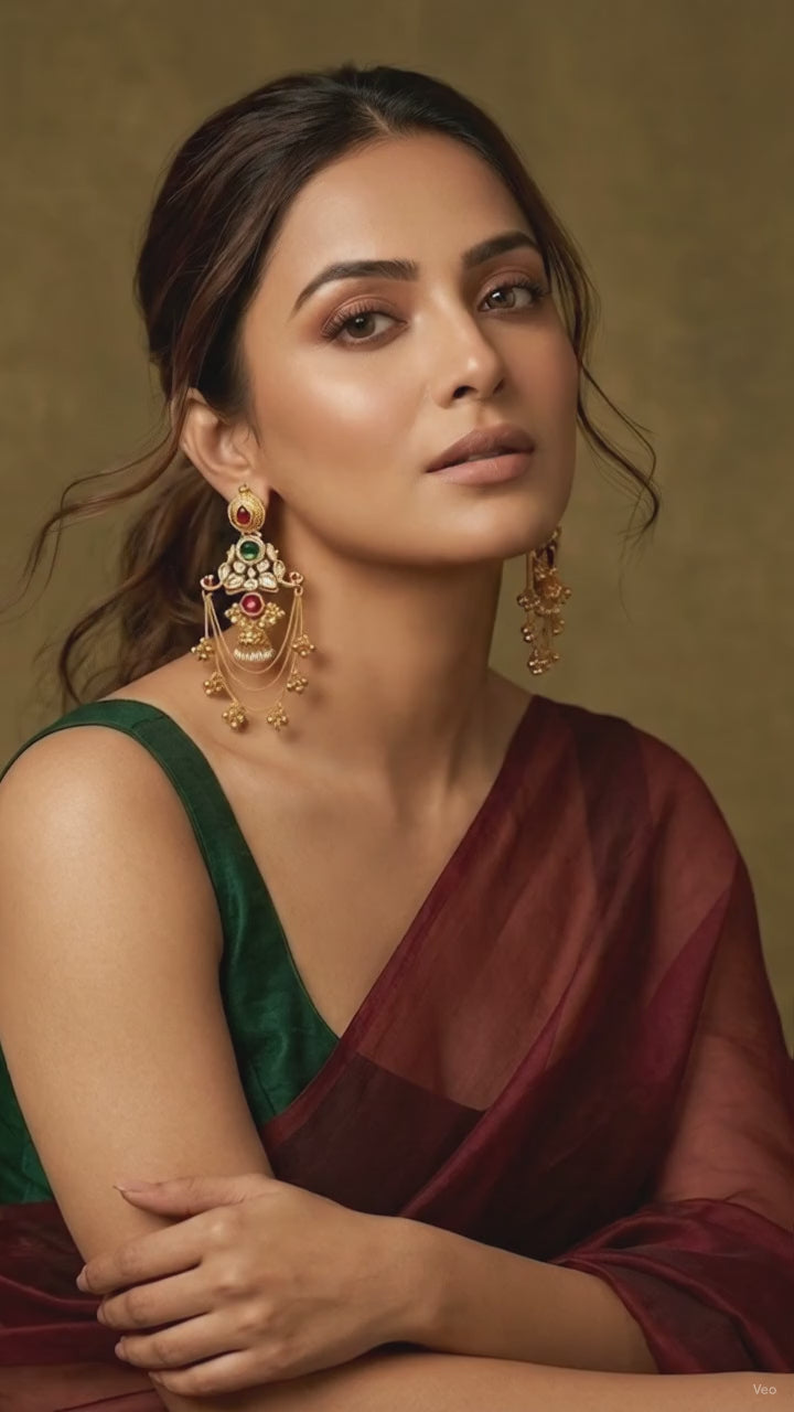Traditional Gold-Plated Kundan Chandbali Earrings with Red & Green Stones, Pearl Jhumki and Layered Chain Dangler Earrings for Women & Girls