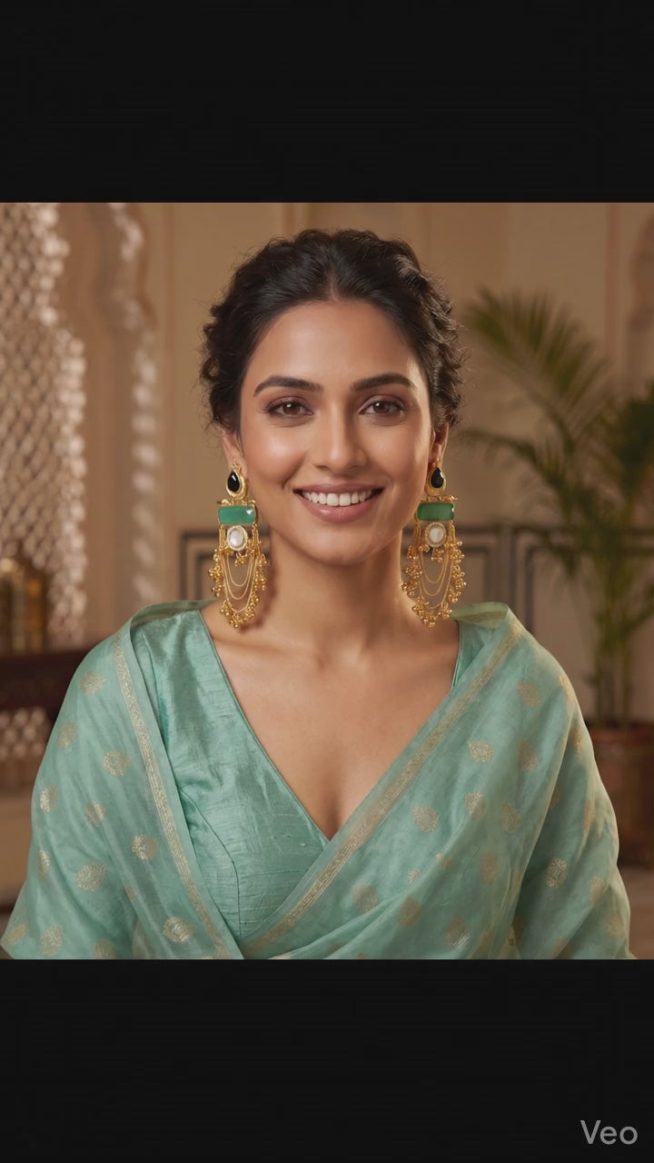Elegant Gold-Plated Chandbali Tassel Earrings for Women | Green Stone & Black Teardrop Statement Earrings | Ethnic Party Wedding Jewelry