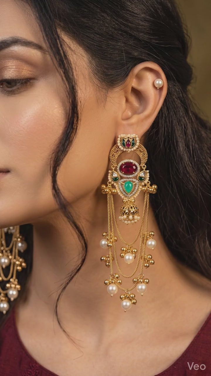 Traditional Gold-Plated Kundan Pearl Long Chandbali Kashmiri Earrings for Women | Bridal Ethnic Partywear Statement Earrings
