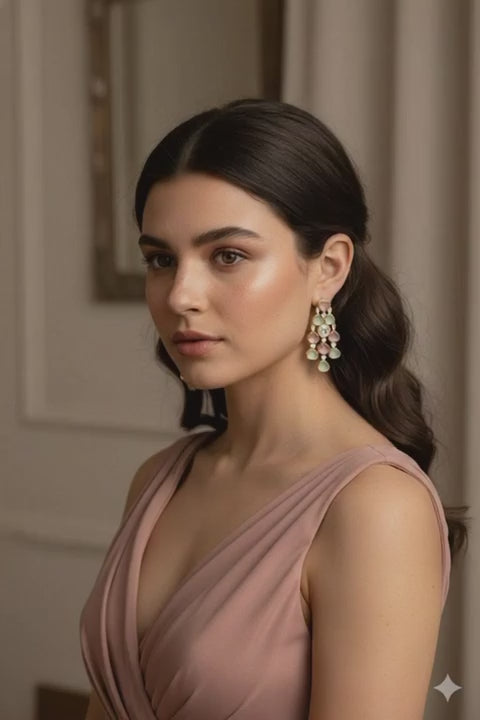 Pastel Pink & Mint Green Chandelier Earrings for Women | Gold-Tone Statement Drop Earrings | Wedding, Party & Festive Jewellery