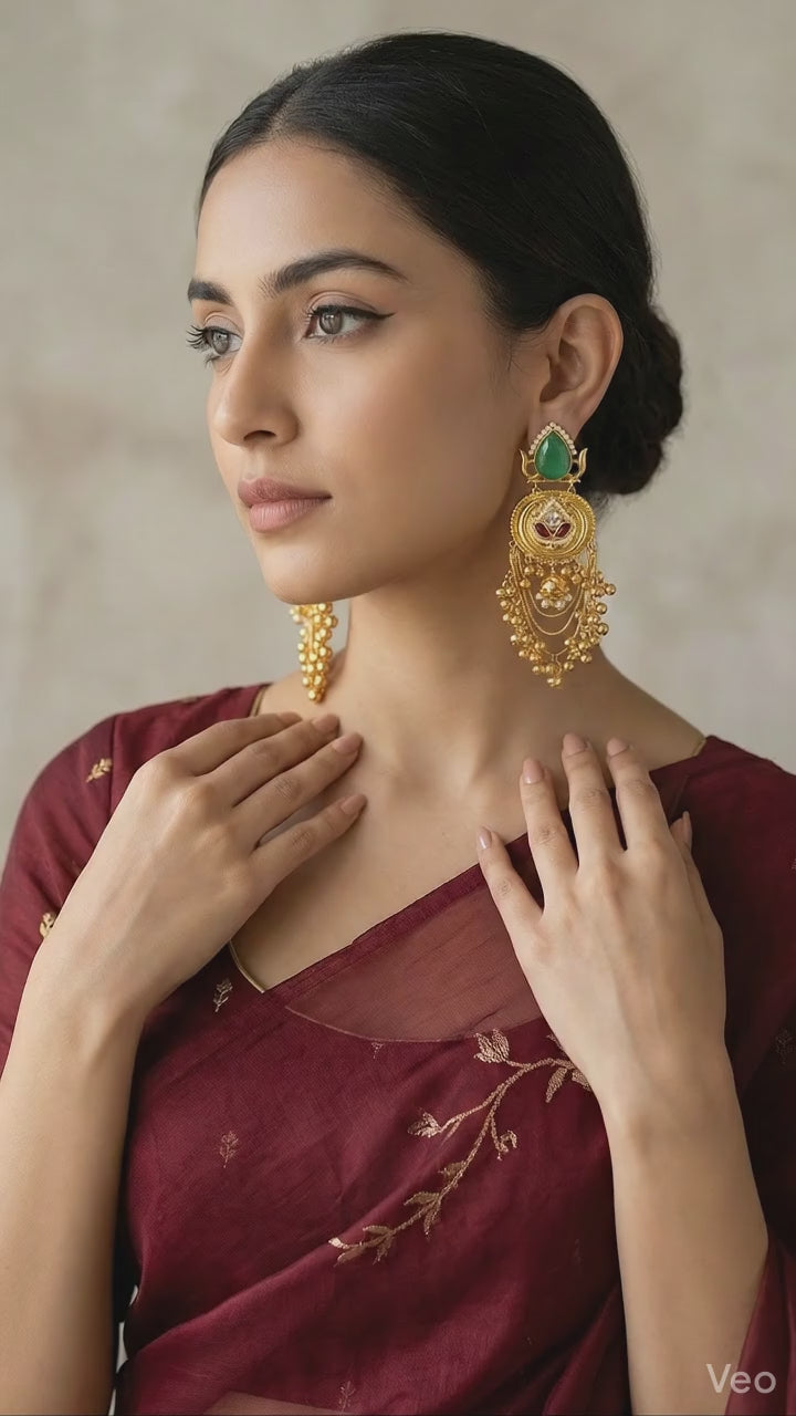 Gold-Plated Traditional Chandbali Earrings for Women | Green Stone & Pearl Dangle Earrings | Ethnic Wedding & Festive Jewellery