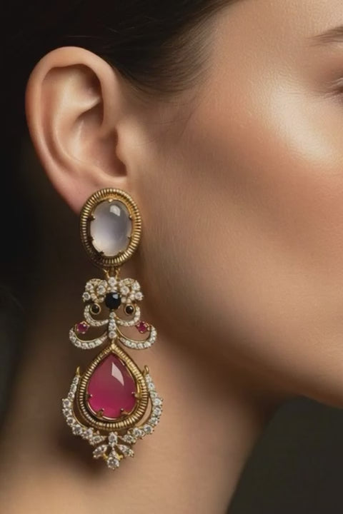 Traditional Gold-Tone Pink Stone Dangle Earrings for Women | Bridal & Wedding Ethnic Jewellery | Partywear Designer Earrings