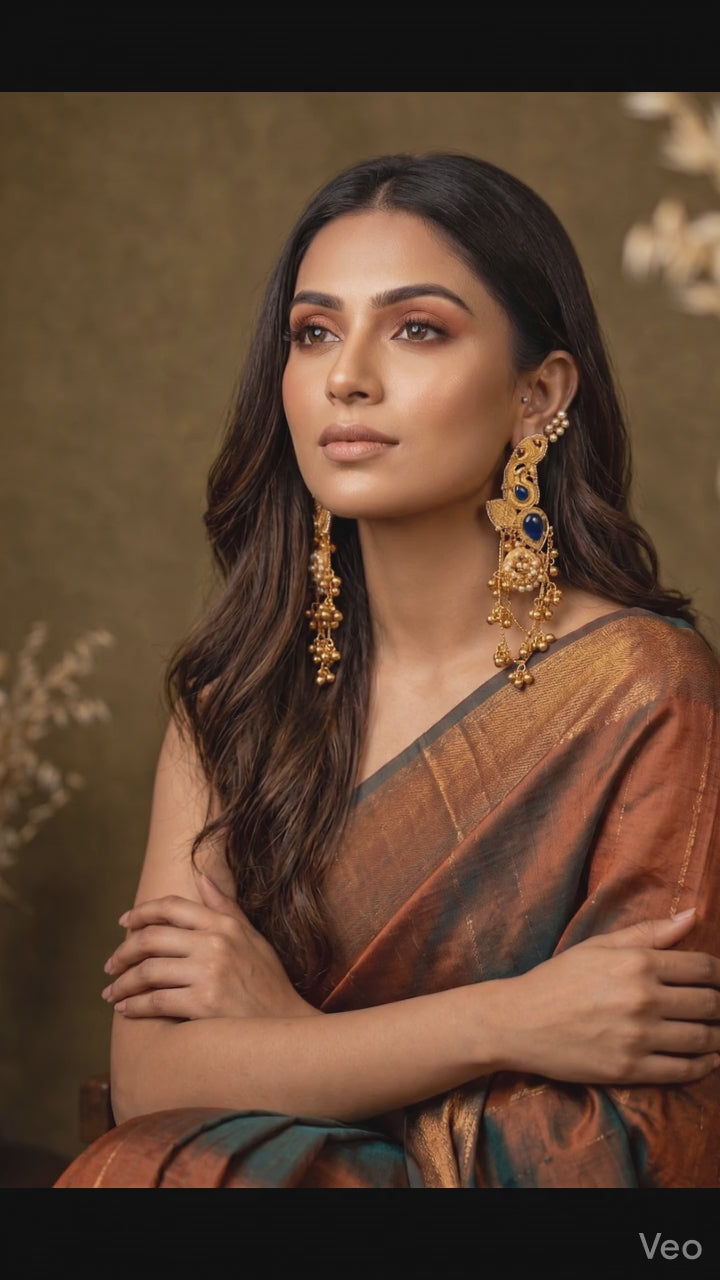 Traditional Gold-Plated Peacock Design Chandbali Earrings with Blue Stone & Pearl Tassels for Women | Ethnic Wedding Party Jewellery