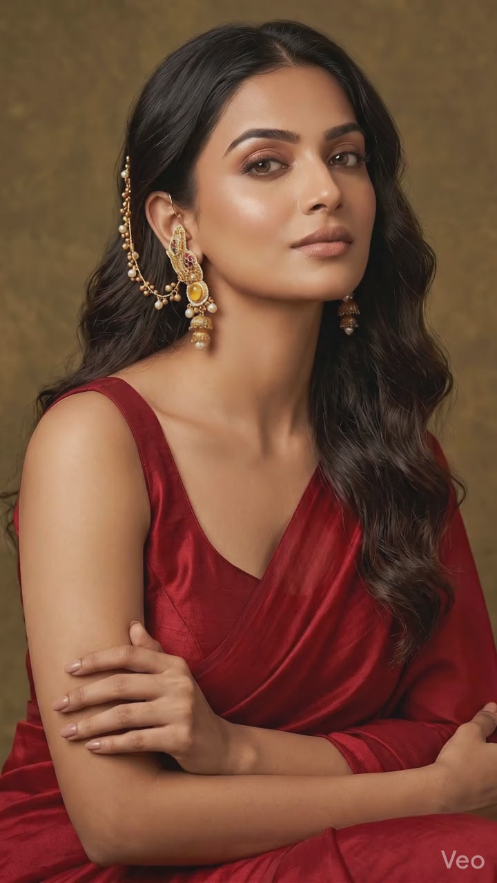 Traditional Gold Plated Ear Chain Jhumka Earrings for Women | Pearl Drop Ethnic Bridal Jewellery | Kundan Style Statement Earrings for Wedding & Festive Wear