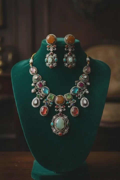 Traditional (SABYASACHI) Multicolor Stone Statement Necklace Set for Women | Antique Finish Bridal & Wedding Jewellery | Party Wear Necklace with Matching Earrings