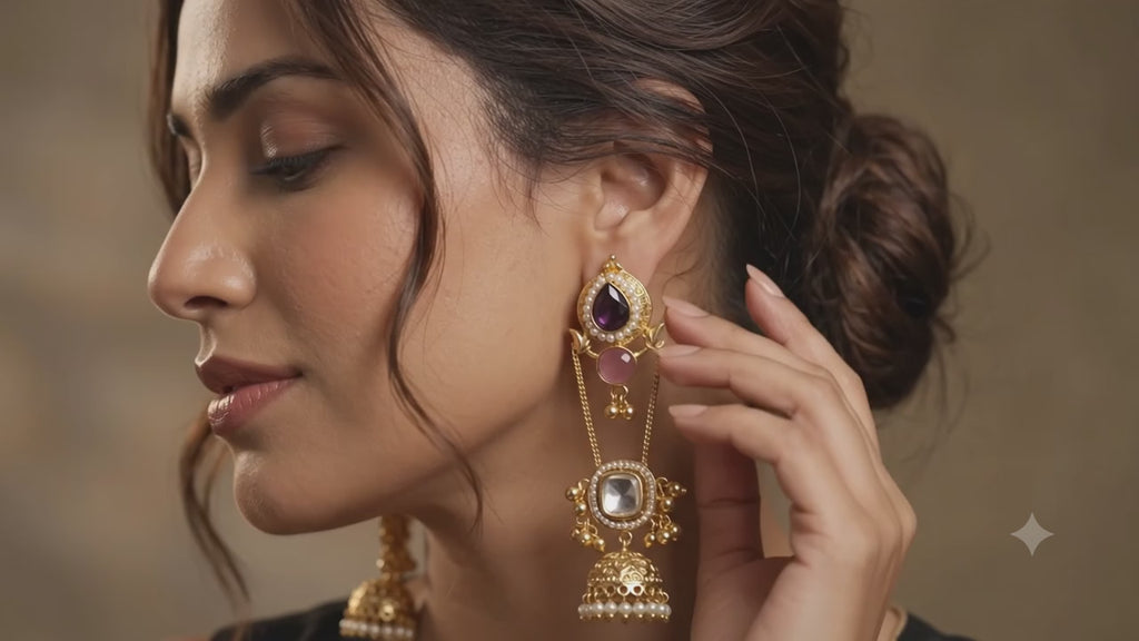 Women's Traditional Gold-Plated Jhumka Earrings with Pearl Beads, Black & Pink Stone Ethnic Dangler Earrings for Wedding, Party & Festive Wear